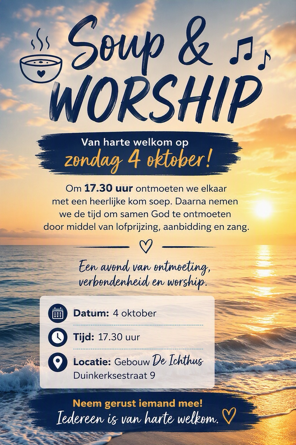 Uitnodiging Soup & Worship op 4 oktober aan Duinkerksestreaat 9 in Den Haag.